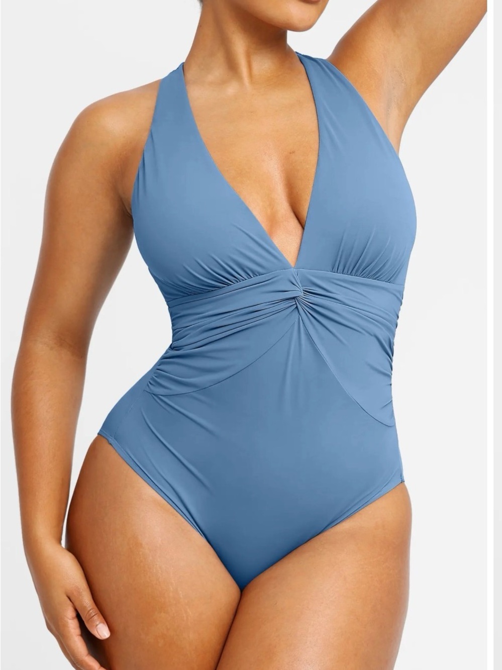 Plunging Twist-Front One-Piece Swimsuit in Dusty Blue